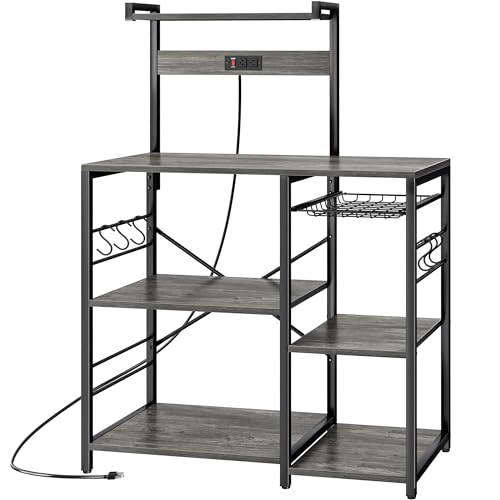 Image of SUPERJARE Bakers Rack with Power Outlet, Microwave Stand, Coffee Bar with Wire Basket, Kitchen Storage Rack with 6 S-Hooks, Kitchen Shelves for Spices, Pots and Pans - Charcoal Gray