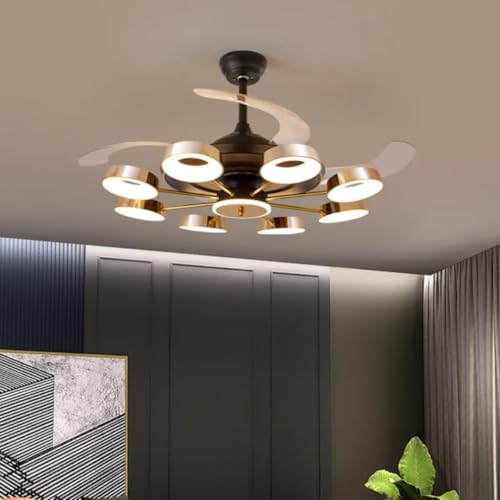 Image of Glowave 8 Light Glass Black Chandelier Fan 42 Inch Retractable Blades Remote Control - Tricolour | Warm White, White, Natural White | (FI 1183 Bk)