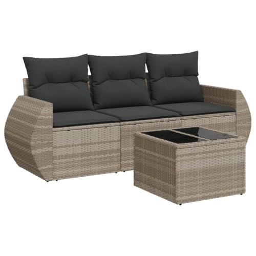 Salon de jardin 4 pièces gris clair avec table et canapé en rotin résistant