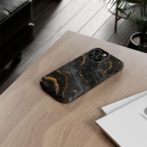 Coque iPhone 14 Pro Max rigide marbré noir et doré brillante