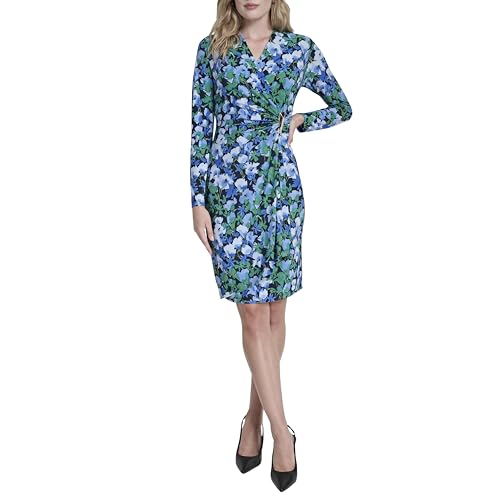 DKNY Women's Long Sleeve Surplice Neck Sheath Dress, Fern Multi, 12