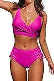 Beachsissi Damen Hoch taillierte Badeanzüge Criss Cross Drawstring Side Bikini Sets Lace Up 2 Stück Badeanzüge, Rosa, M