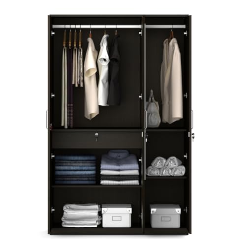 Image of Spacewood Weave Wardrobe | 3 Year Warranty | Almirah, Cupboard, Almari, 3 Door Wardrobe with Mirror, 1 Drawer (1 Lock Drawer) and 2 Hanging Space|Engineered Wood| Vermount