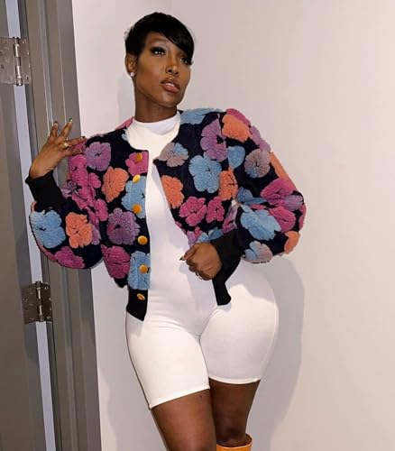 Angsuttc Women's Cropped Floral Bomber Jacket Puff Sleeves Lightweight Fleece Shacket Button Down Varsity Coat Outwear3