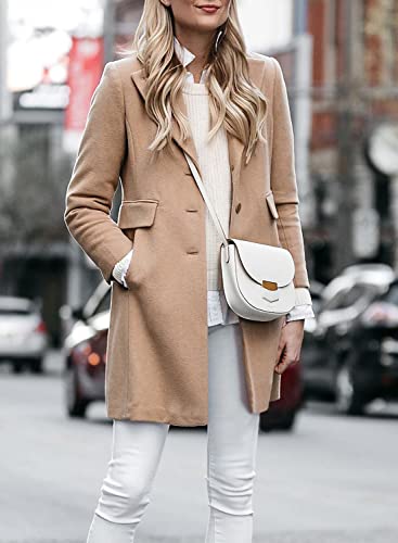 Fshaoes Women Lapel Collar Long Wool Pea Coat Open Front Button Down Slim Solid Casual Overcoat Long Jacket Outerwear #TOP2