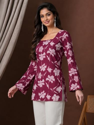 Image of Rayon Floral Print Short Kurti for Women | Square Neck Long Sleeve Top for Women | Criss Cross Back Desing Kurti | Soft Breathable Fabric | Relaxed Fit | Casual and Office Wear