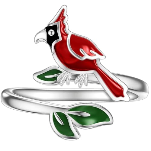 Bague cardinal rouge et feuille verte en émail pour bénédiction chrétienne