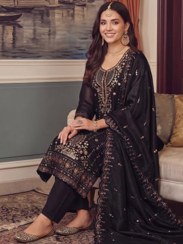 Image of INDO ERA Women's Silk Blend Embroidered Stone Work Straight Kurta & Pant with Dupatta Set | Kurta Sets For Woman