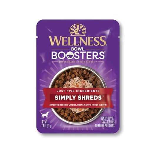 Wellness Bowl Boosters Simply Shreds Wet Dog Food Topper for Small, Medium, & Large Breeds, Grain Free, Natural, Chicken, Beef & Carrots, 2.8 Ounce Pouch (Pack of 12)