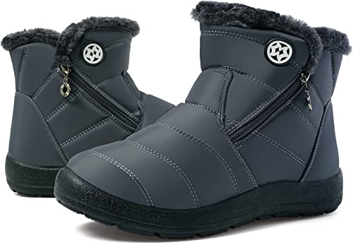 Image of Eagsouni Snow Boots Womens Winter Ankle Boots Ladies Warm Fur Lined Booties Thickening Shoes Zip Flat Sneakers Outdoor Booties