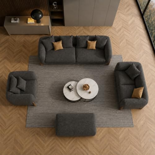 Image of Modern Sofa, Teddy Fabric, Chesterfield Style, Wooden Legs, for Living Room, Bedroom, Hallways (Dark Grey 3+2+1+Ottoman)