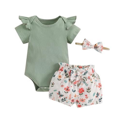 Image of CIYCUIT Baby Girl Outfits – Summer Ruffle Ribbed Bodysuit Floral Print Shorts & Bow Headband – 3-Piece Infant Clothes Set