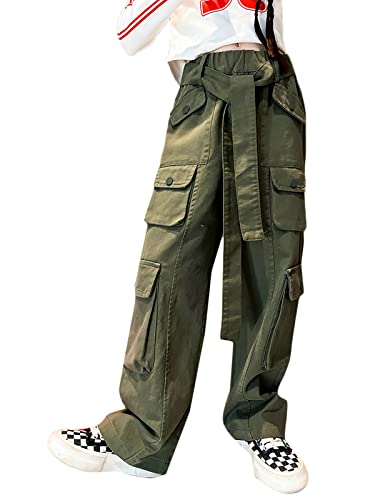 Girls' Baggy Cargo Pants Kids Elastic Waist Vintage Casual Wide Leg Straight Multi Pocket Trousers Y2K Streetwear, Army Green, 3-4T = Tag 120