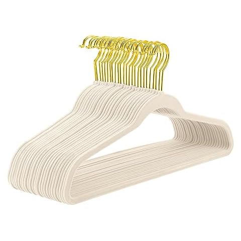 MIZGI Ivory Velvet Hangers 30 Pack,Premium Gold Clothes Hangers Non-Slip Felt Hangers,Sturdy Ivory Hangers Heavy Duty Coat Hangers,Durable Suit Hangers for Space Saving, No Flocked Hanger Marks Cover