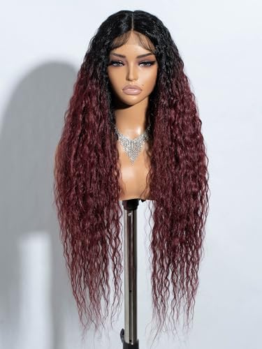 Joedir Long Deep Curly Wavy Wig Pre Plucked Synthetic Lace Front Wig HD Transparent Glueless Lace Wig Heat Resistant Fiber Pre Plucked Hairline with Baby Hair for Women Ombre Wine Red