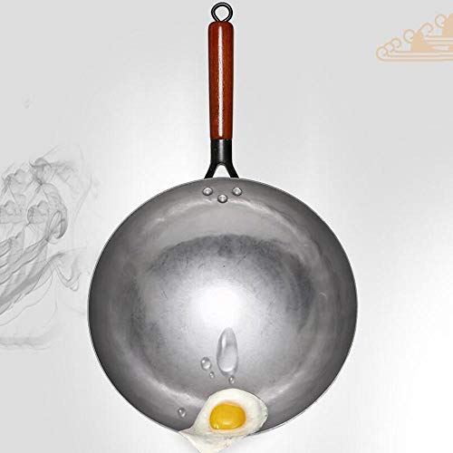 Wok grande tradicional chino de hierro con mango de madera miniatura 2