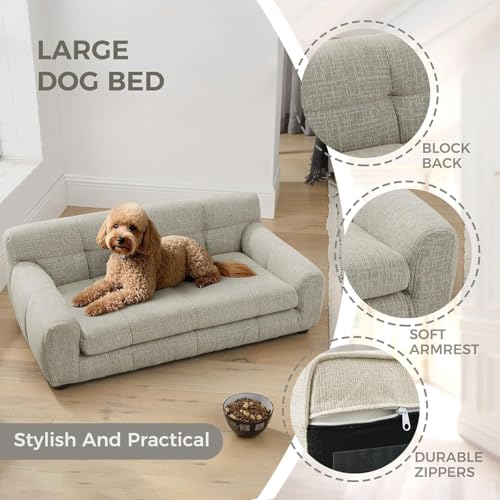 Image of Dog Couch Bed, 38 inch Sofa for Dogs with Backrest and Armrest, Durable Pet Sofa with Soft Foam Cushion, Elevated Dog Couch Bed with Legs for Medium Dogs, Beige