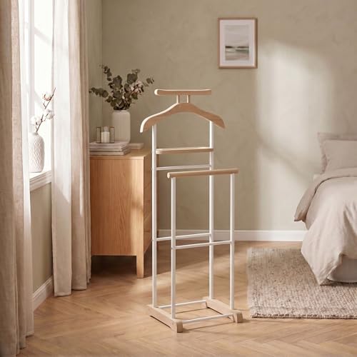 IDIMEX Valet de Chambre Medina chevalet de Nuit Double Portant pour vêtements, en MDF décor chêne Sonoma et métal laqué Blanc