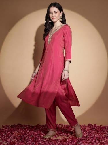 Image of INDO ERA Women's Silk Blend Embroidered Zari Work Straight Kurta & Pant Set | Cord Set For Women