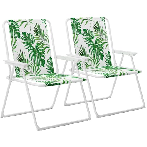 Outsetter Folding Beach Deck Chairs - Pack of 2 Metal Outdoor Lightweight Deck Chair with Armrests Portable & Easy to Store Suitable for Camping Garden Picnic & Fishing - Monstera
