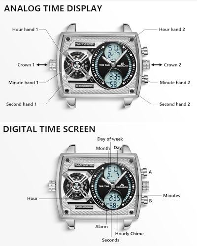 MEGALITH Watches Mens Stylish Digital Analogue Large Face Square Multi-Time Zone Wristwatch