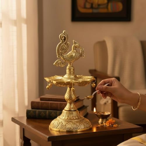 Image of Kridaykraft Metal Peacock Diya Samai Oil Lamp, Gold Finish, Traditional Indian Decor, 19 cm Height, 270 gm, Handcrafted Design