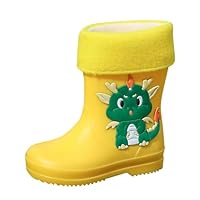 Wellies Kids Warm Fleece Lined Non Slip Boys Girls Rain Boots Comfy Cute Cartoon Dinosaurs Pattern Waterproof Pull on Wellington Boots Unisex Children Snow Rain Shoes Outdoor (Yellow, 18)