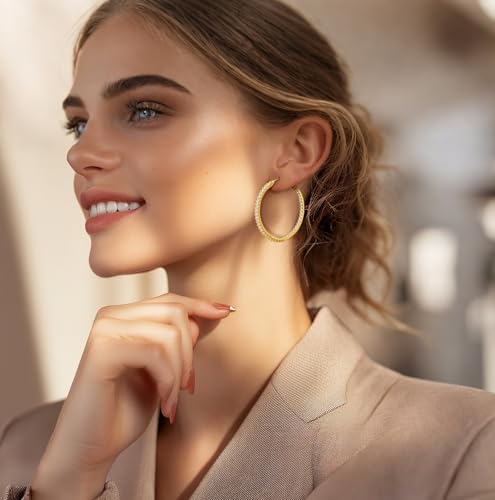 NICRET 14K Gold Hoop Earrings for Women Hoop Earrings Dual Diamond Hoops Earring Large Golden Hoops Earring 40 * 2mm2