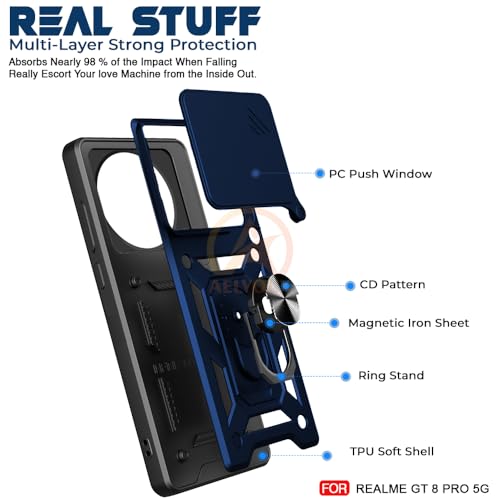 Image of Armor Bumper Back Cover Case for Realme GT 8 Pro 5G Rotating Camera Cover, Ring Holder & Kickstand | Heavy Duty & 360 Degree Protection Realme GT 8 Pro 5G Back Cover (Blue)
