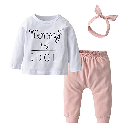 Image of Derouetkia Baby Girls 3Pcs Outfit Set Letters T-Shirt Tops Pants with Headband