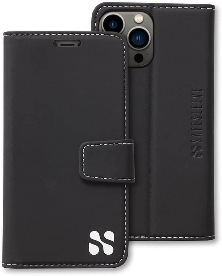 SafeSleeve Wallet Leather Case for iPhone 13 Pro, 13 EMF Blocker for Cell Phone with 3 Card Holder & Adjustable Stand – Magnetic Closure, and Magnetic Folio Protection for Daily Use (Black)