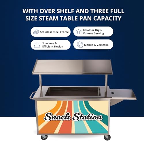 Classroom Basics Breakfast Cart, Commercial Food Service Cart with “Snack” Magnet Design, 3 Full-Size Steam Table Pan Capacity, Over Shelf, Stainless Steel Frame, 26\" D x 56\" W x 63-5/8\" H