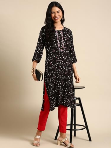 Image of SHOWOFFFF Women Printed Straight Fusion Kurta | Round Neck 3 /4th Sleeves Cotton Kurta for Womens | Regular Fit Calf Length Kurta for Women's