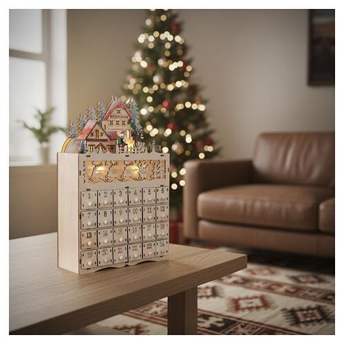 Holyart Avvento: Calendario d'Avvento legno con paesaggio montagna renne 35x20x10 cm luce bianco caldo