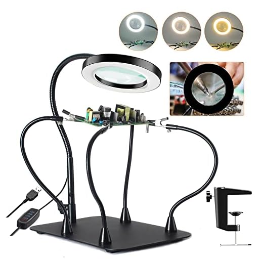 10X Magnifying Glass with Light and Stand, Flexible Magnetic Helping Hand, Large Base & Clamp Magnifying Lamp, 3 Color Adjustable Arm Desk Magnifier with Light for Soldering Craft Hobby