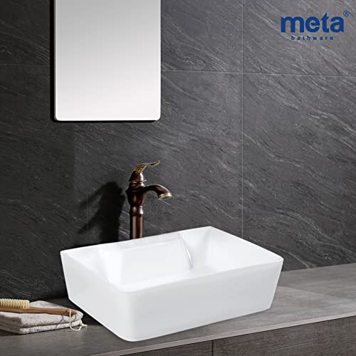 Image of Meta Table Top Ceramic Wash Basin - Countertop Designer Vessel Sink - Bathroom Washbasin over counter For Hotel Home Living Room - Glossy Finish (16 x 12 x 4.5 Inch, White)