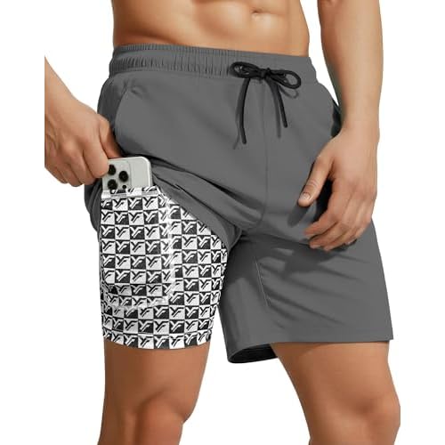 7 Inch Men Swim Trunks with Compression Liner Quick Dry Drawstring Male Swimtrunks for Beach Summer Water Park Medium Slate Gray