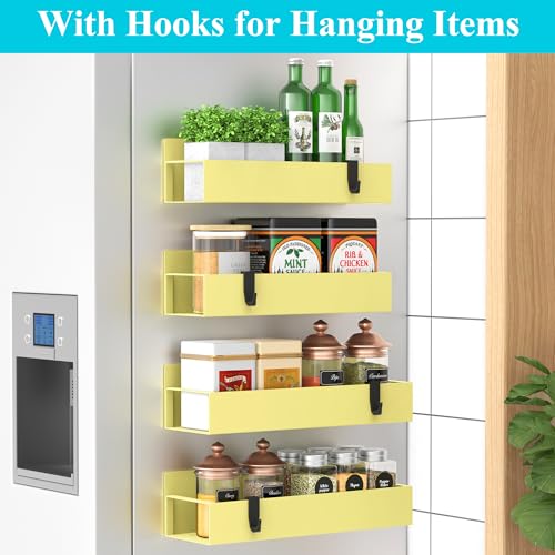 Image of HuggieGems Metal Magnetic Spice Rack for Refrigerator Yellow, 4 Pack | Magnetic Shelves Heavy Duty for Fridge in Kitchen, Seasoning Storage Organizer, For Oven Washer and Dryer, For Heavier Items