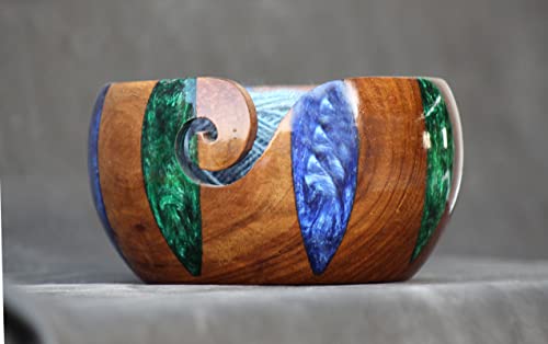 Image of Wooden Yarn Bowl for Knitting and Crocheting - Rosewood and Resin Mix Yarn Bowl, Large Wooden Yarn Bowl, Yarn Storage Handmade Crocheting Organizer 7 inch x 4 inch