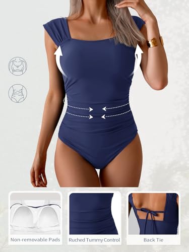 Image of B2prity Womens One Piece Swimsuit Retro Square Neck Tummy Control Bathing Suits Ruched Modest Full Coverage Swimwear