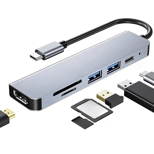 Hub USB C 6 en 1 con HDMI 4K, Adaptador Multipuerto mit PD 100W, Docking Station con Puertos USB 3.0/2.0, Lector de Tarjetas SD/TF, Hub Adaptador Tipo C de Aluminio para MacBook Pro/Air DELL XPS iPad