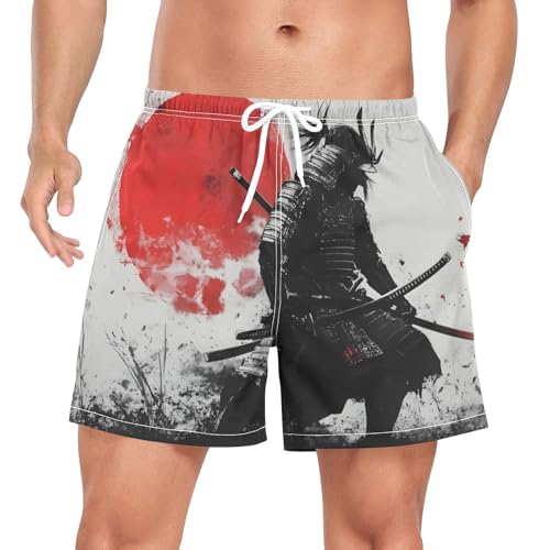 Mens Swim Trunks with Liner, Samurai Moon Red Retro Cool Quick Dry Beach Swim Shorts, Swimwear Bathing Suits S