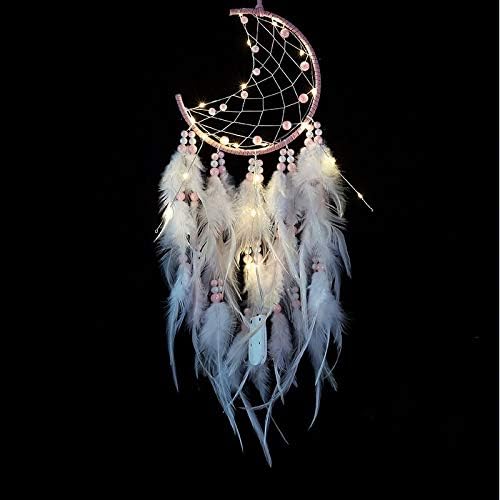 Emisscol Dream Catcher with LED Lights Handmade Pink Feather Moon Dreamcatcher Wall Hanging Ornament Home Room Decor for Kids Children Girls Baby Adults Bedroom Birthday Gift