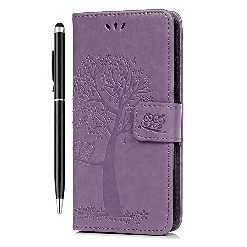 Reevermap for Motorola G06 Case Moto G06 Power Case Flip Premium Wallet Phone Case Shockproof PU Leather Owl Tree Magnet Cover for Moto G06 with Kickstand Card Holder & 1 Touch Pen Light Purple