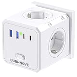 BURNNOVE Cubo Enchufe 8 en 1 Ladron Enchufes 4000W Cubo Enchufes Múltiples Pared con 4 Tomas de CA y 4 USB Cubo Enchufe Multiple Pared con Interruptor para Hogar Oficina Viajes