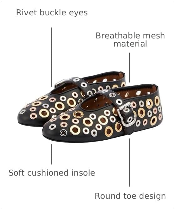 Image of Fashion Buckle Ballet Flats Women's Delicate Metal Buckle with Rivet Holes Mary Jane Comfort Flats