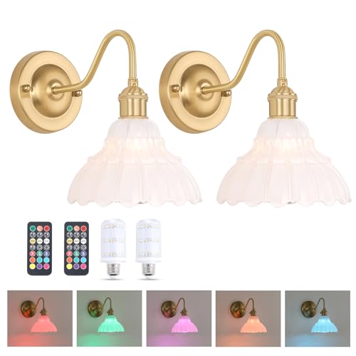 Image of Shenmoyl Battery Operated Wall Sconce Set of 2, Vintage Rechargeable Wall Lights with White Lily Glass Shade, Wireless Indoor Wall Lamp for Bedroom Living Room Bathroom
