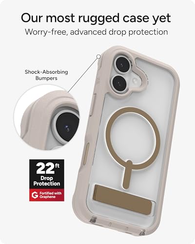 Image of ZAGG Rainier Case with Kickstand for iPhone 17 - Gray Sandstone, Graphene 22ft (7m) Drop Protection, Lanyard Attach Points, MagSafe, Wireless Charging Compatible, 2-Piece Design, Phone Case