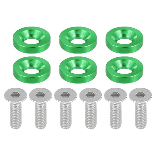 Motoforti Rondelles de finition universelles à tête fraisée pour pare-chocs, joints, vis, kit de fixation pour habillage du compartiment moteur pour moto, M6, en alliage d'aluminium, 6 pcs Vert