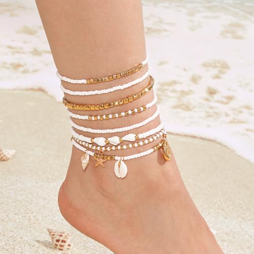 Image of Qceasiy Bead Ankle Bracelets Set For Women, Adjustable Gold Plated Boho Shell Anklet, Hawaiian Beach Seashell Pearl Disc Starfish Conch Foot Jewelry, Summer Fashion Gifts